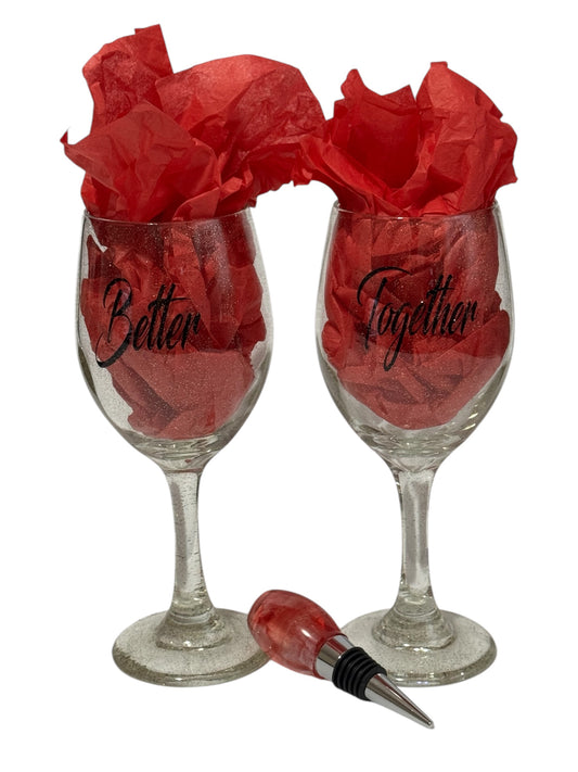 WINE GLASSES and BOTTLE STOPPER SET